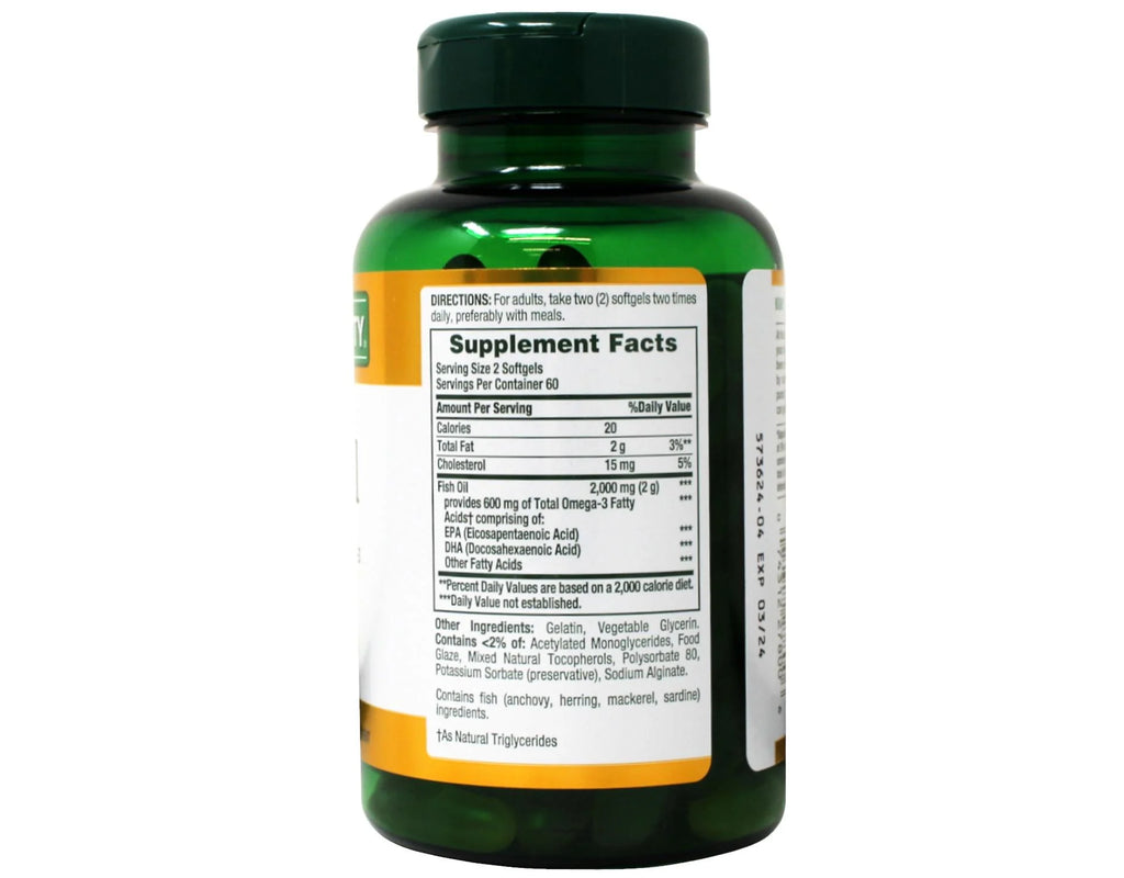 Nature's Bounty Odorless Fish Oil 1000mg Omega-3 Softgels, 120 Count, 2 Pack V2903