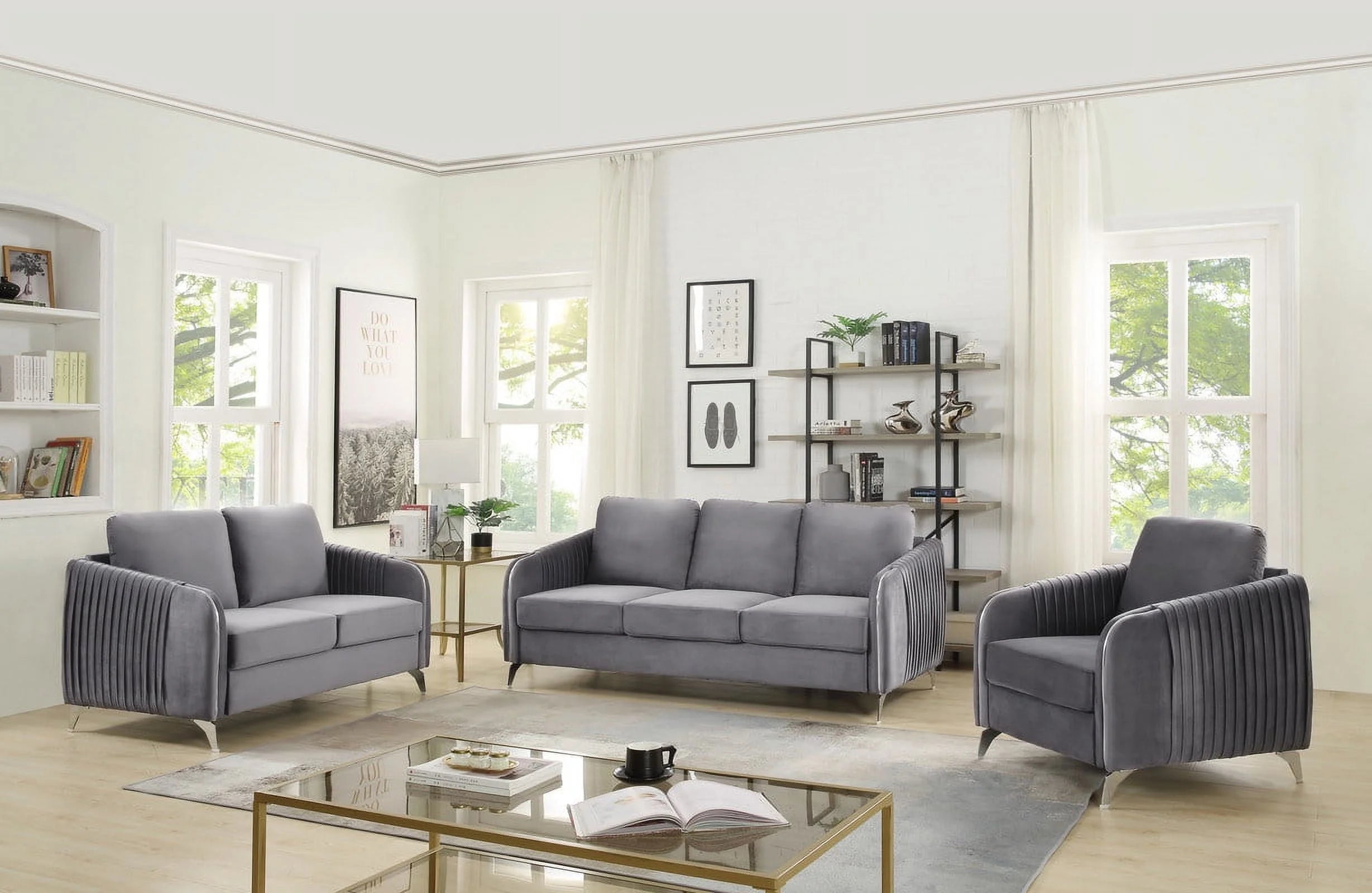 Gray Velvet Living Room Set with Vertical Channel-Quilted Design - Luxurious Modern Style