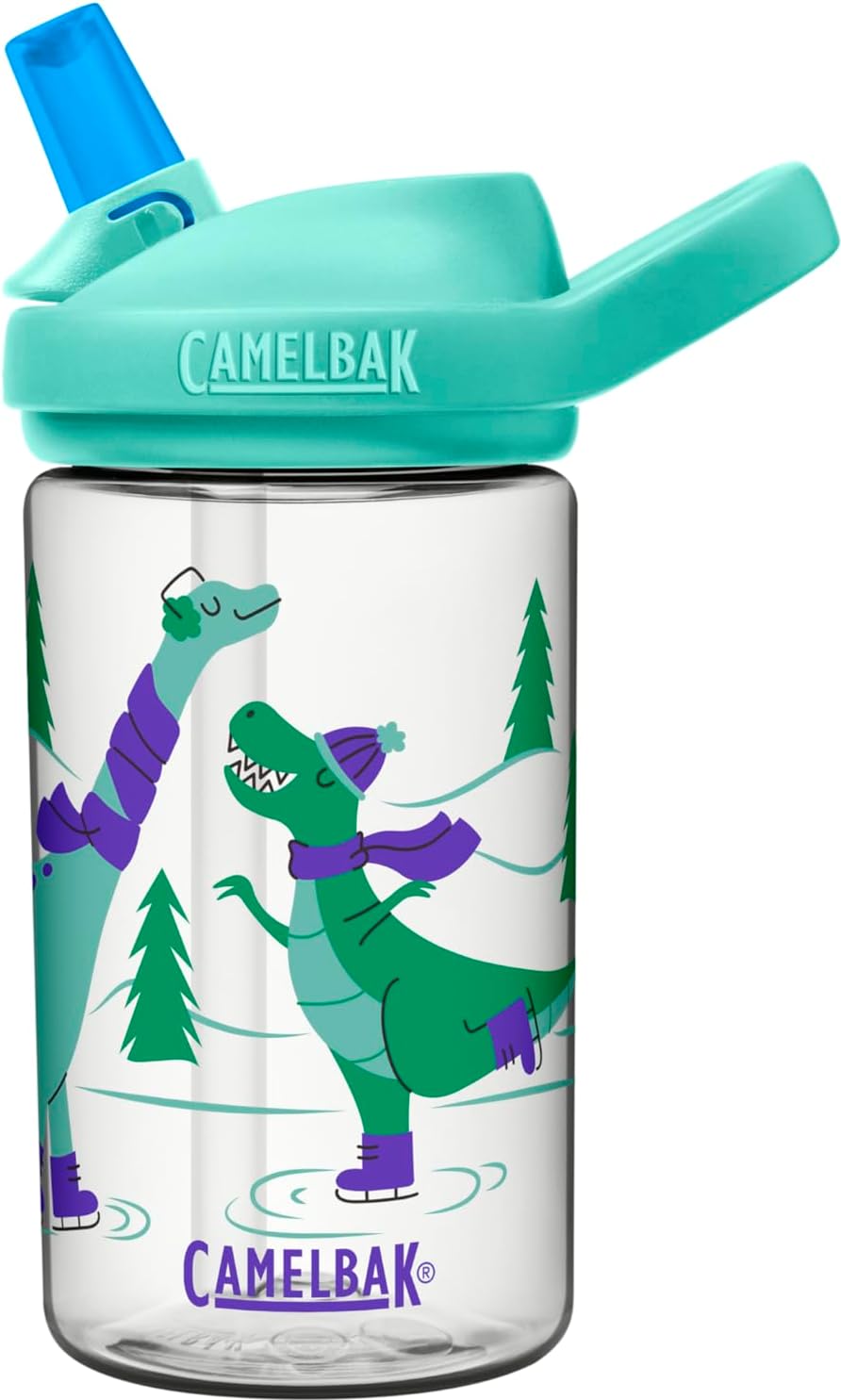 CamelBak Eddy+ 14 oz Kids Water Bottle with Tritan Renew – Straw Top, Leak-Proof When Closed, Ice Skating Dinos