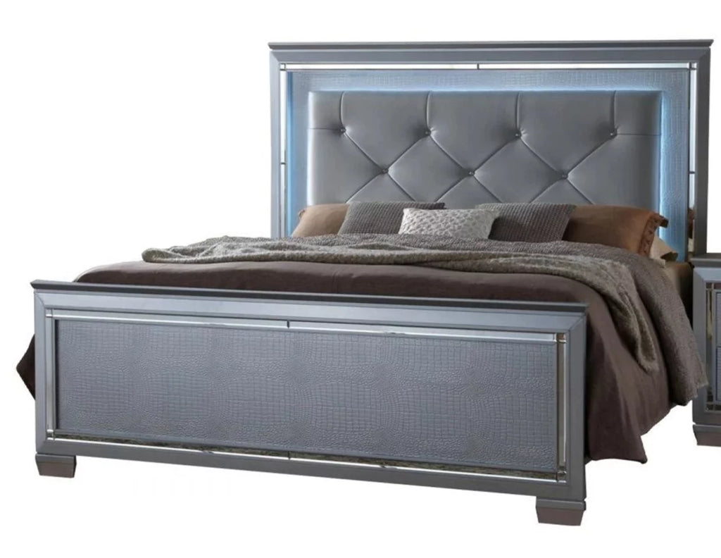 Silver Finish Queen LED Upholstered Headboard Bed E961648