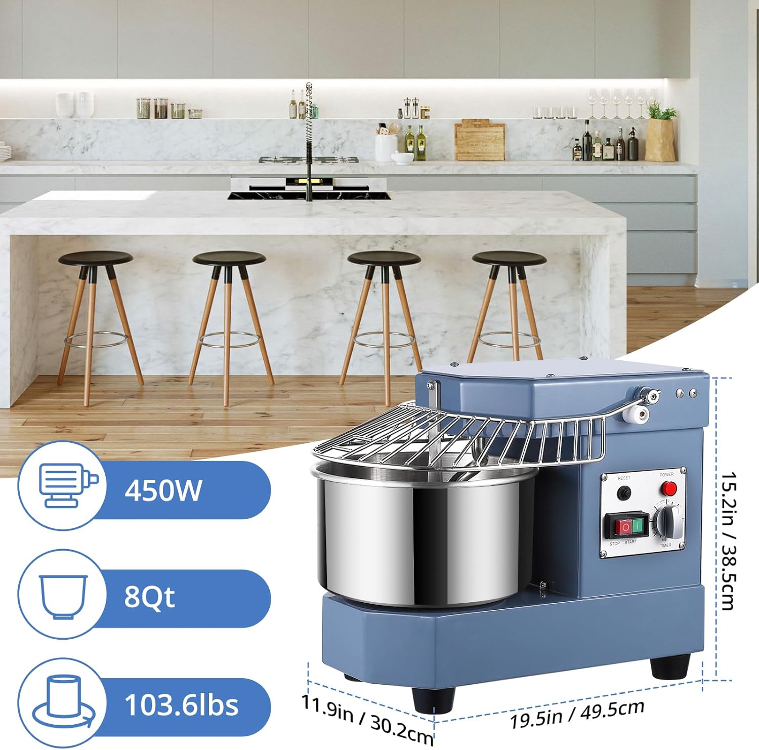 Commercial Dough Mixer 8Qt Stainless Steel Bowl 450W with Timer F551478