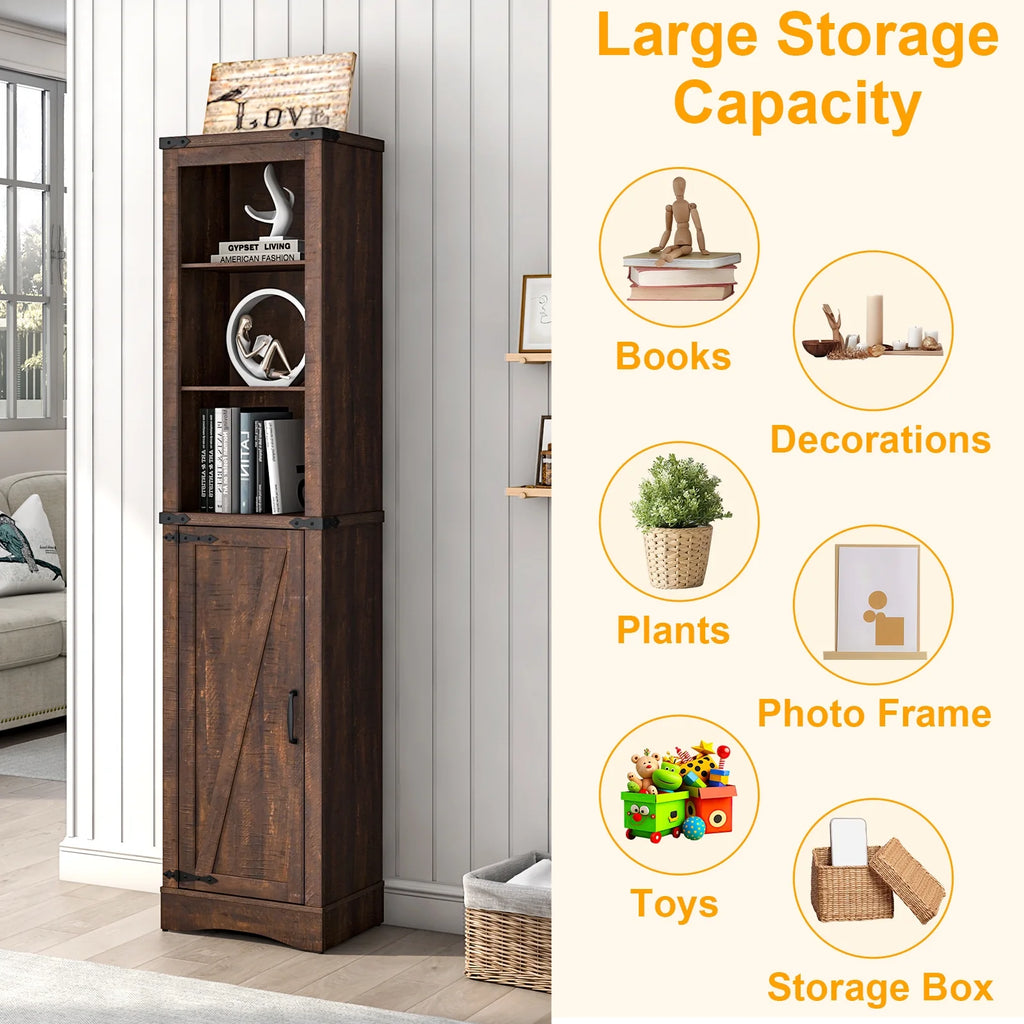 ChVans Farmhouse Storage Cabinet, 5-Shelf Tall Bathroom Organizer with Barn Door, Brown W446800