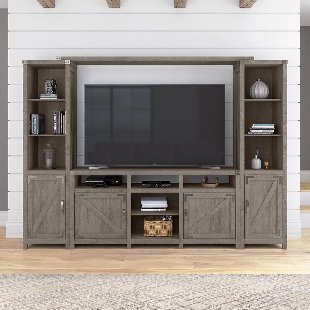 Bush Furniture 65W Farmhouse Entertainment Center with Shelves Restored Gray F778633