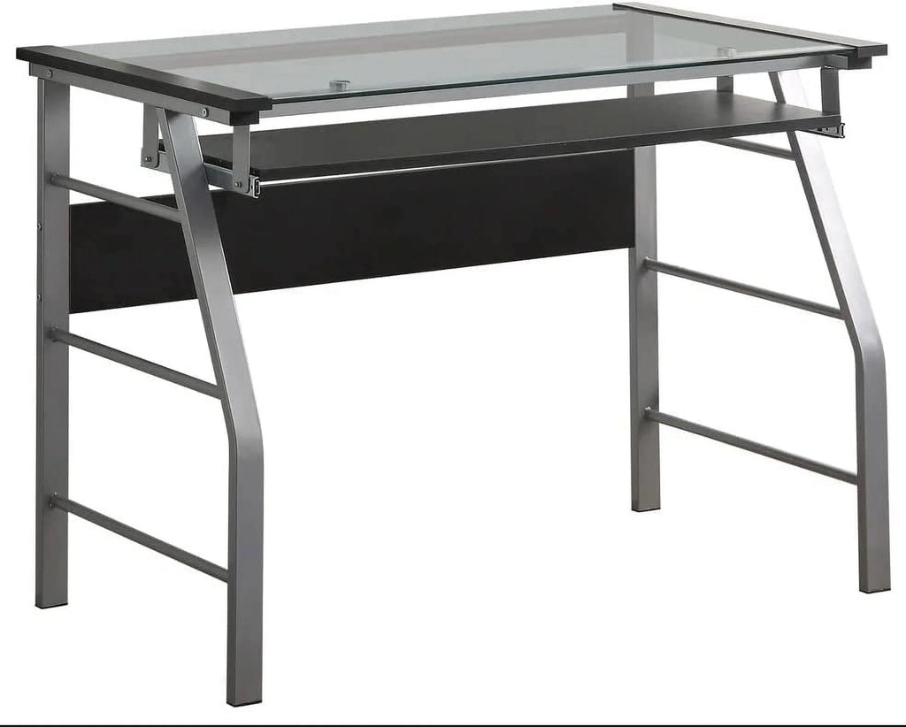 RUNFAYBIU King's Brand Metal and Glass Top Computer Desk, Silver Finish E403984