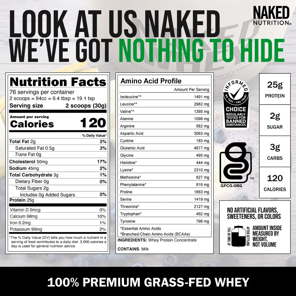 Naked WHEY 5LB Unflavored Whey Protein Powder, 100% Grass Fed, 1 Ingredient J97515