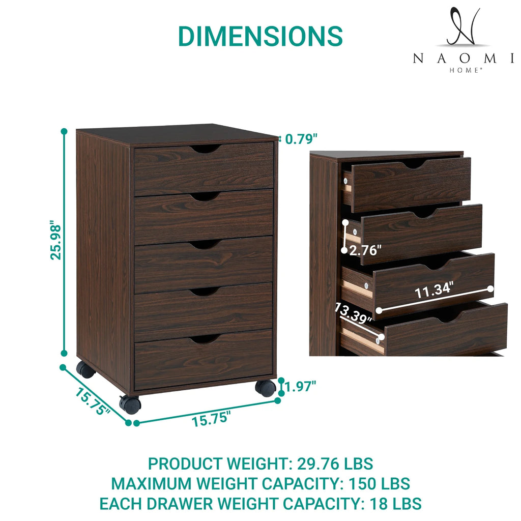 Taylor 5 Drawers Chest Wood Storage Dresser with Wheels - Espresso U717105