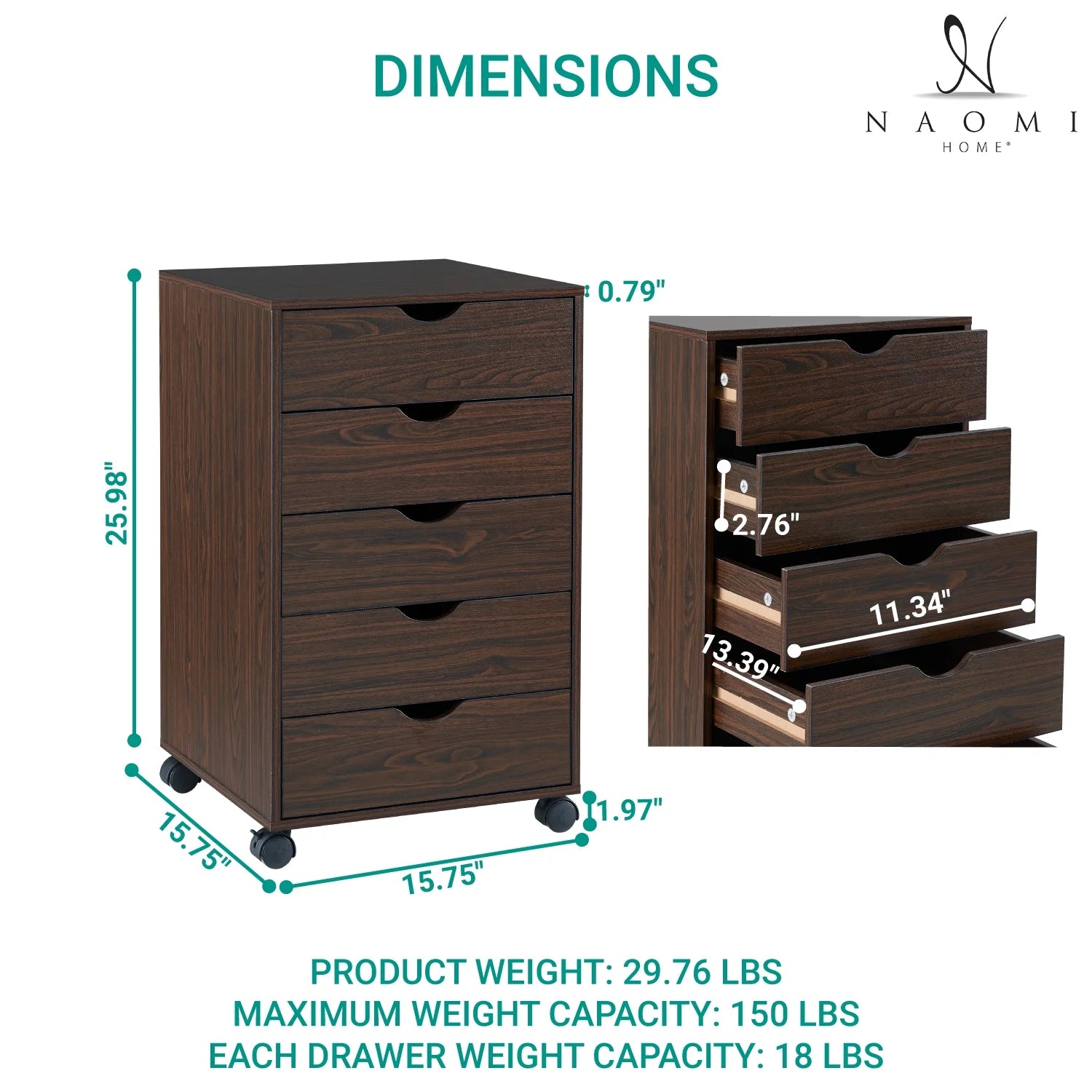 Taylor 5 Drawers Chest Wood Storage Dresser with Wheels - Espresso U717105