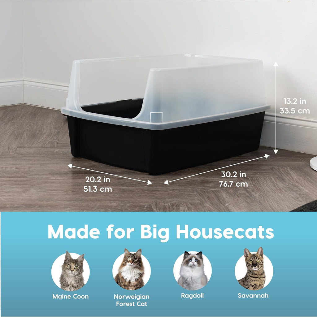 IRIS USA Extra Large Cat Litter Box with Scatter Shield, Open Top, Black R559647