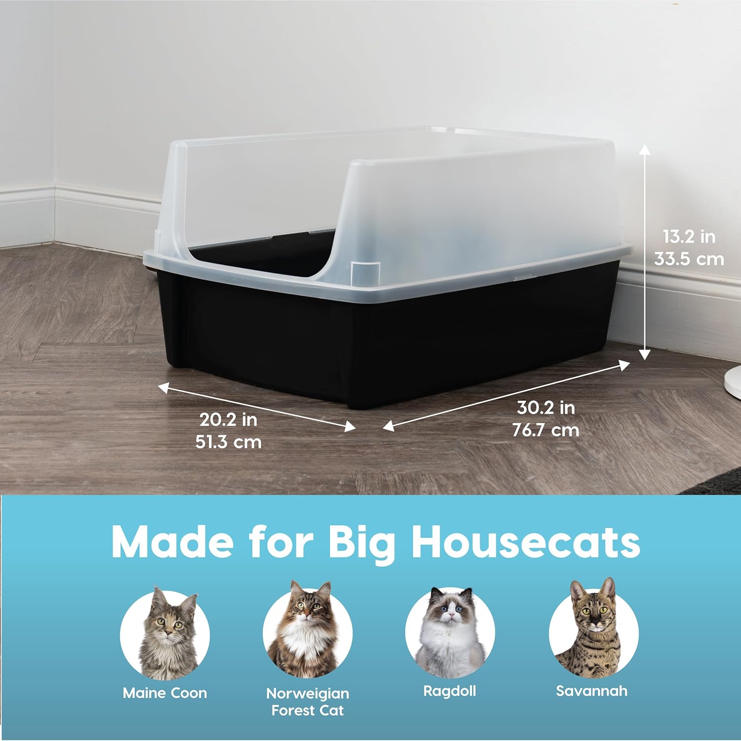 IRIS USA Extra Large Cat Litter Box with Scatter Shield, Open Top, Black R559647