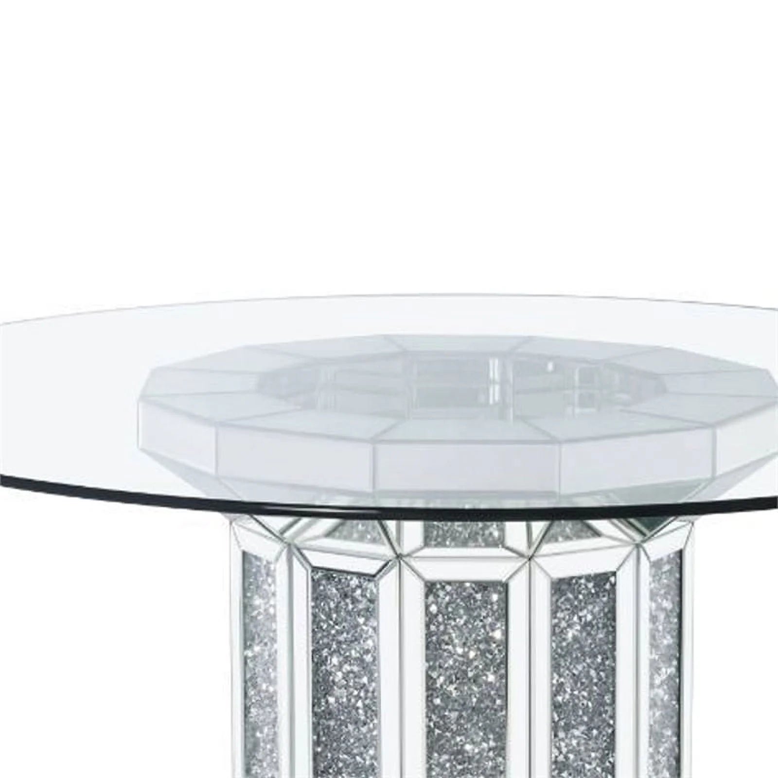 Benjara BM230702 Round Glass Top Dining Table with Silver Cross Oval Base Z853388