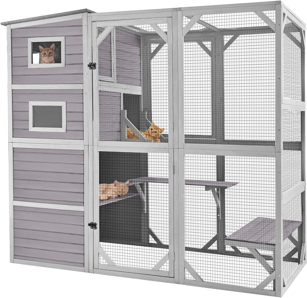 Large Cat Catio Kitty House wih 4 Tiers Cat House for Outdoor Cats Waterproof roof Cat Enclosures,77 Inch