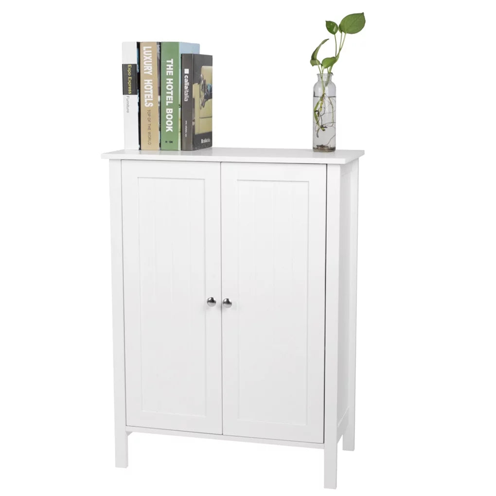 Wooden Bathroom Cabinet Storage Floor Stand Double Doors Shelves Shoes Papers Toilet Items Organizer