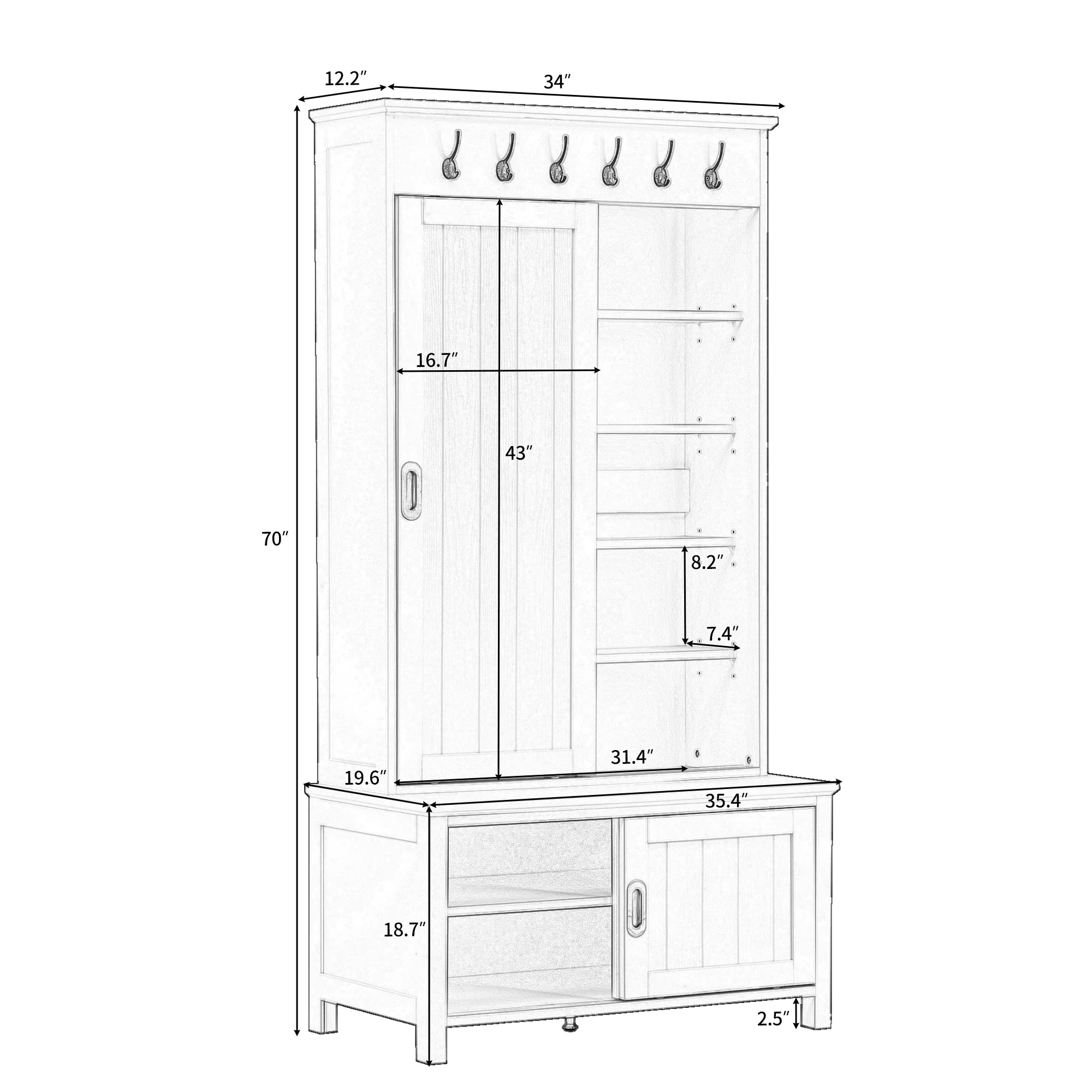 CoSoTower Hall Tree with Sliding Doors and Storage Bench, White H76310