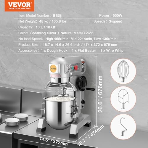VEVOR Commercial Food Mixer 10Qt Stainless Steel Bowl, 450W 3 Speeds R82048