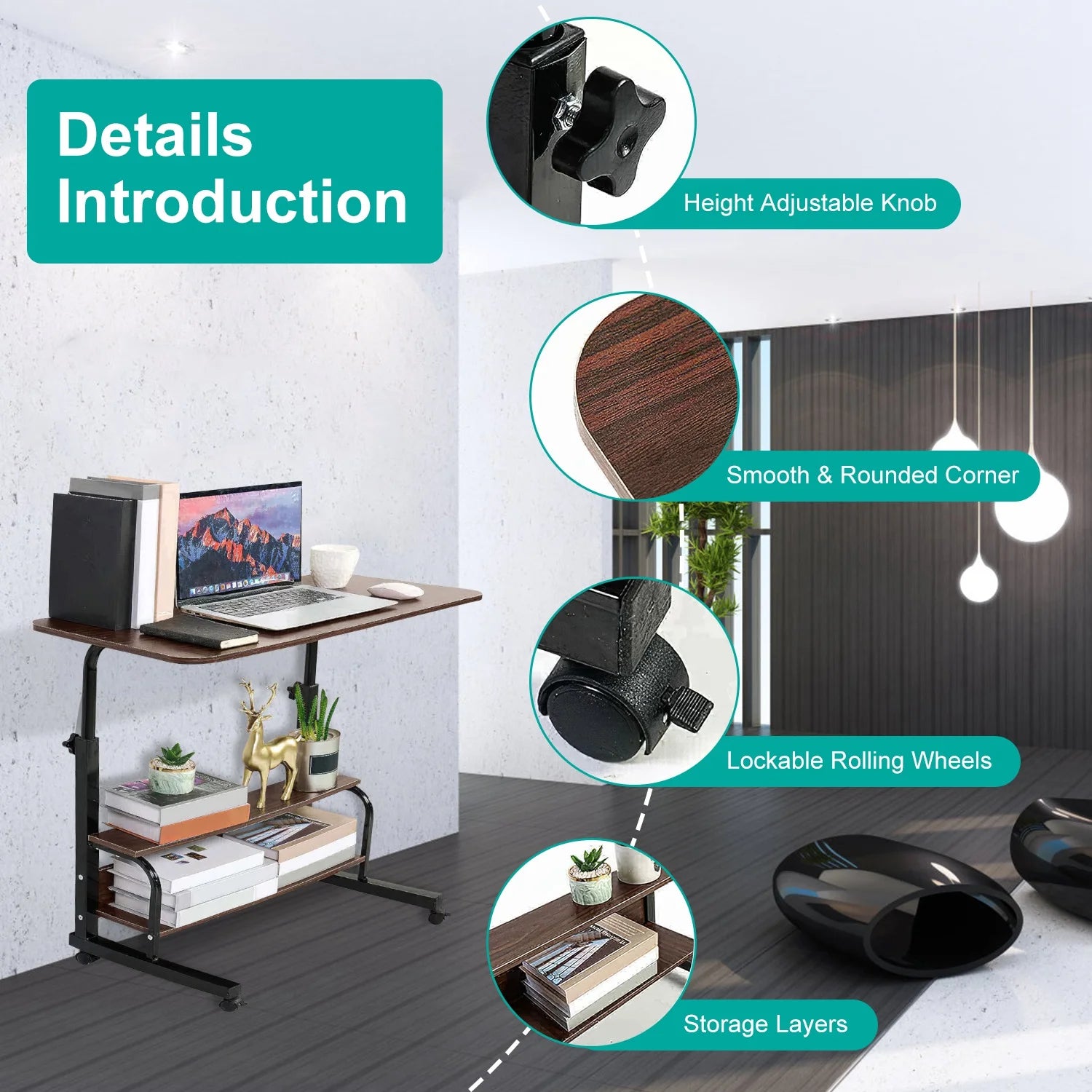iMounTEK 3-Tier Mobile Laptop Table with Wheels, Adjustable, Beige X980600