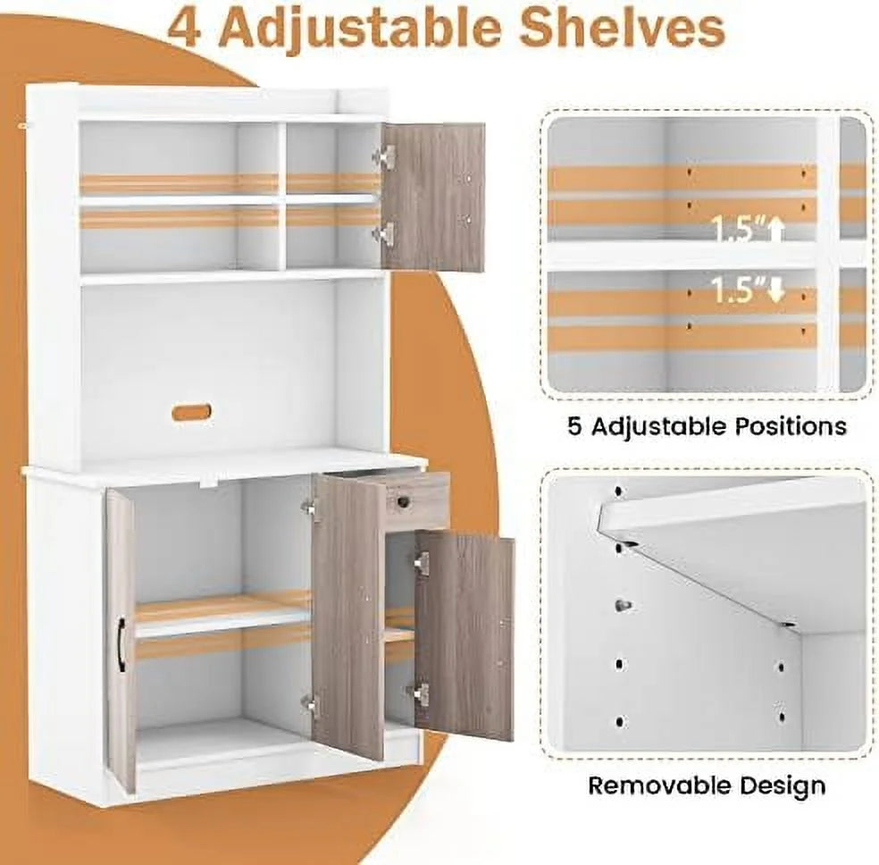 CCBIUOMBO Kitchen Pantry Cabinet 71'' Freestanding Microwave Cupboard with 3 Cabinets & Drawer, White T87043