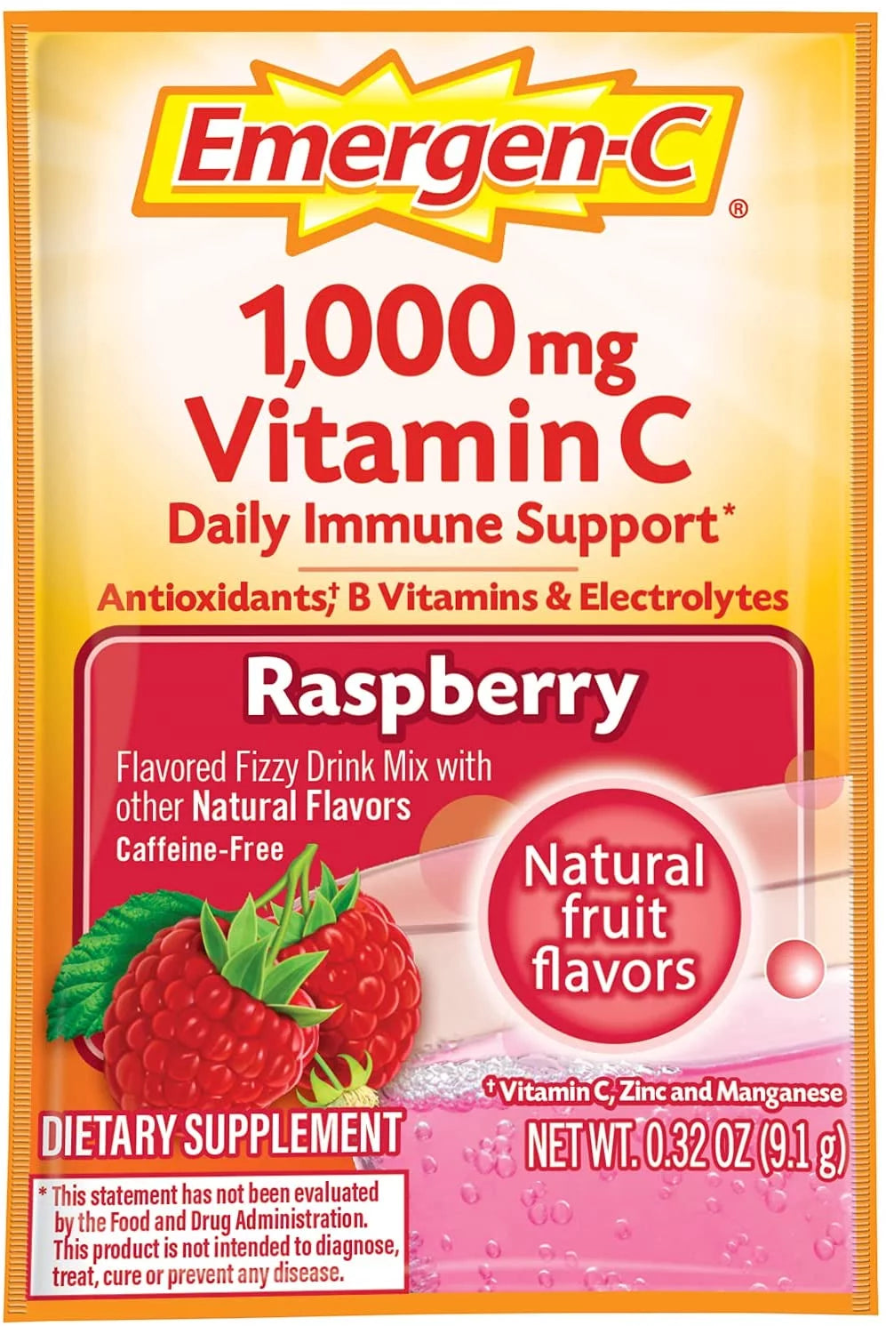 Raspberry Vitamin C Powder Drink Mix with B Vitamins and Electrolytes, 30 Count O820344