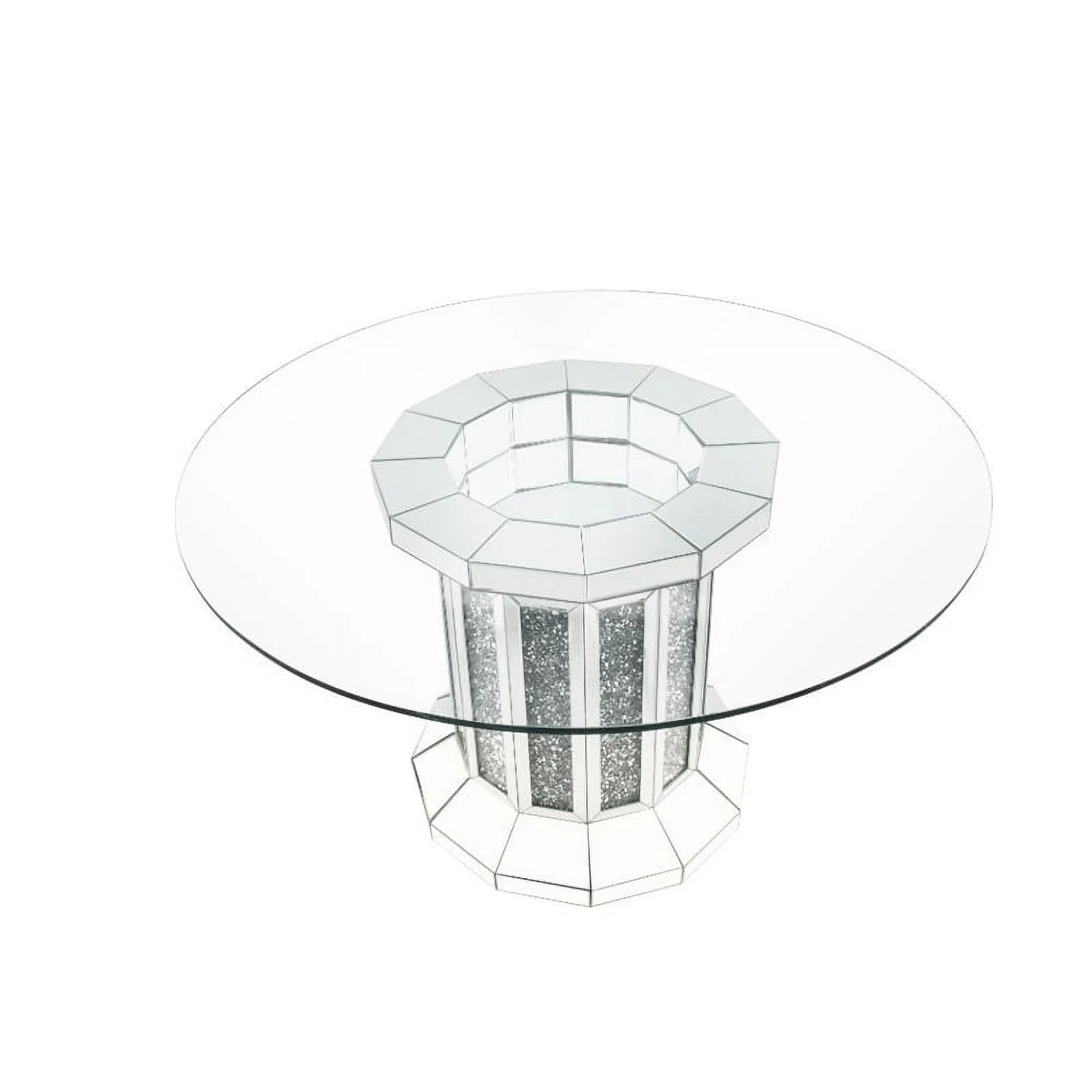 Benjara BM230702 Round Glass Top Dining Table with Silver Cross Oval Base Z853388
