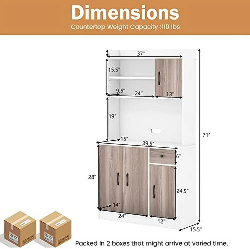 CCBIUOMBO Kitchen Pantry Cabinet 71'' Freestanding Microwave Cupboard with 3 Cabinets & Drawer, White T87043