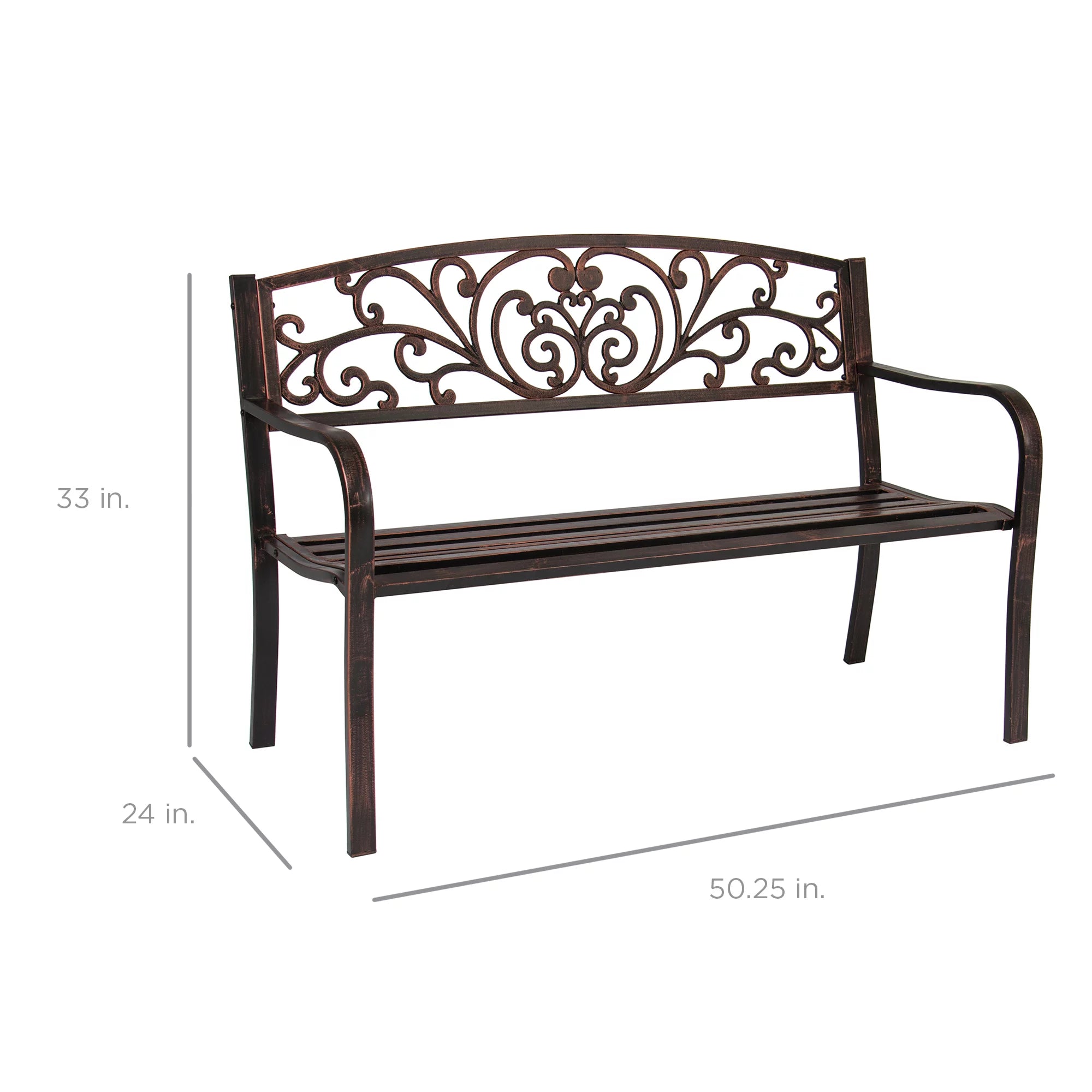 Outdoor Steel Bench Garden Patio Furniture with Floral Design Backrest, Brown Y97572