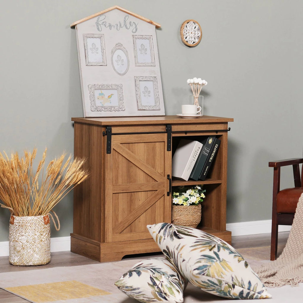 Sophia&William Farmhouse 32" Sliding Barn Door Storage Cabinet Sideboard Brown O21533