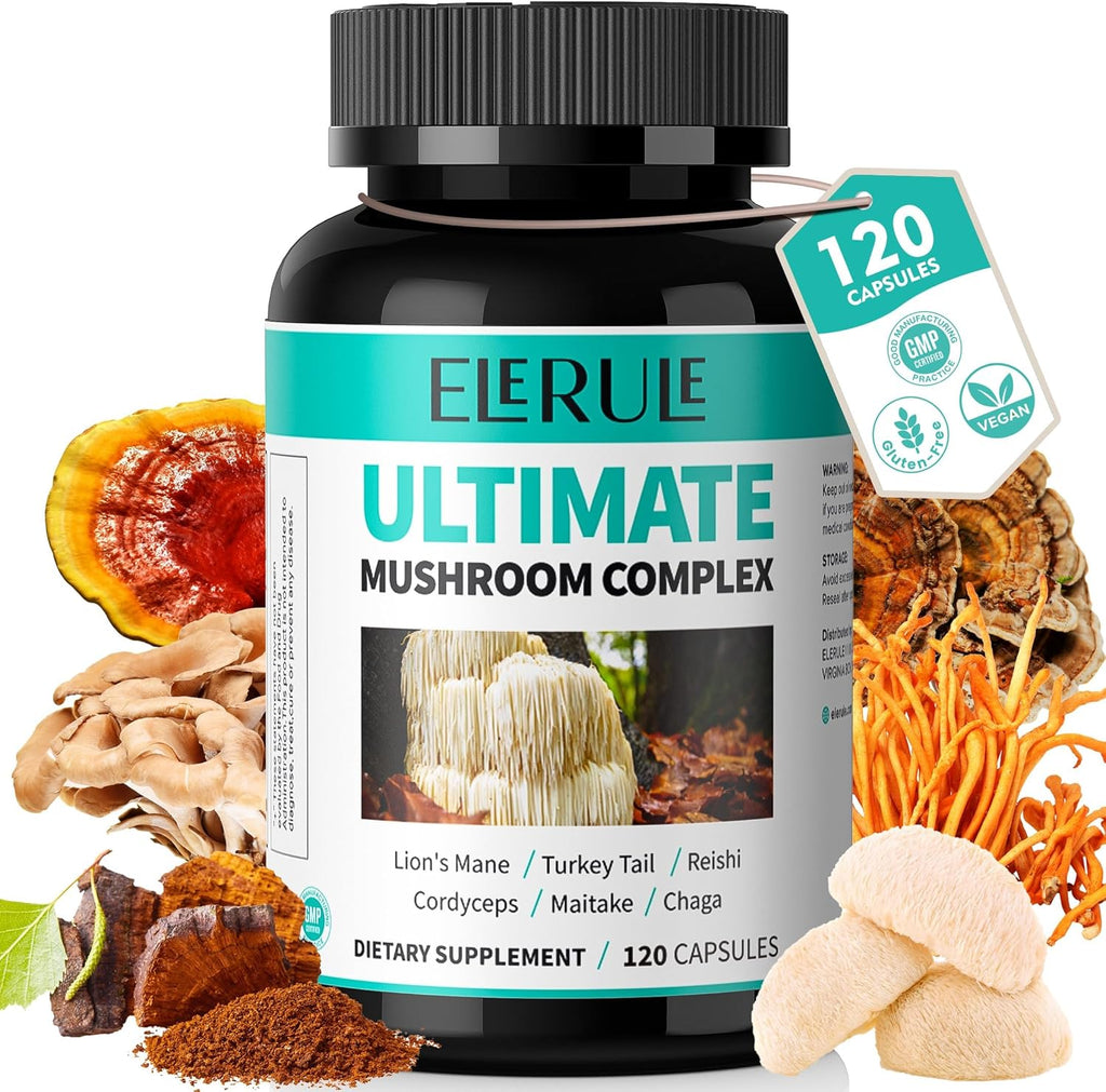 6 in 1 Mushroom Supplement - Focus, Memory, Nootropics Brain & Immune Support Mushroom Complex with Lions Mane, Reishi, Cordyceps, Chaga, Turkey Tail, Maitake (120 Capsules)