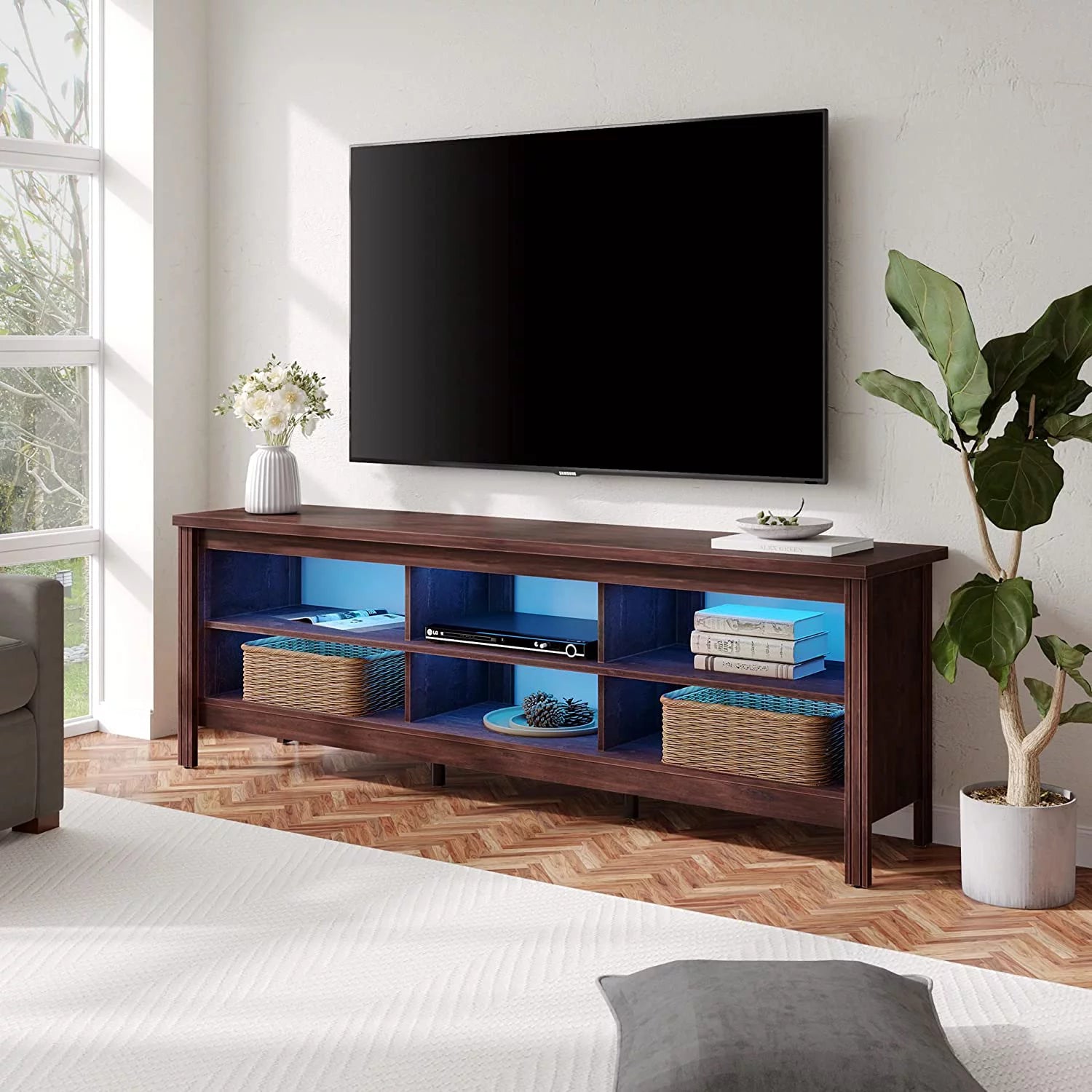 TV Stand for TVs up to 75 Inches with 6 Cubby, Brown D553456