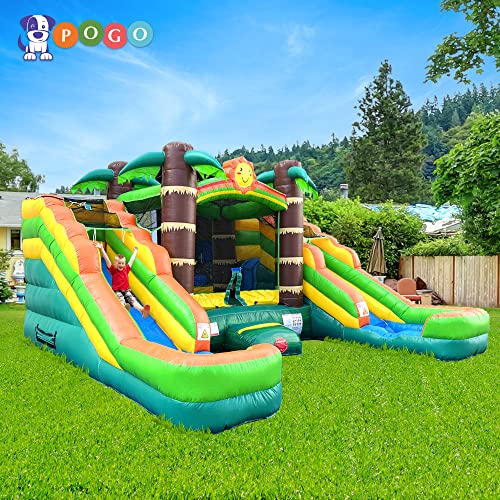 Pogo Bounce House Crossover Tropical Inflatable with Double Water Slides for Kids C150758