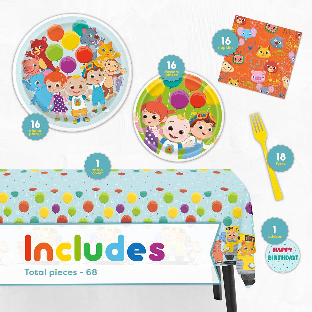 Cocomelon Party Supplies Set for 16 Guests with Table Cover, Plates, Napkins V903