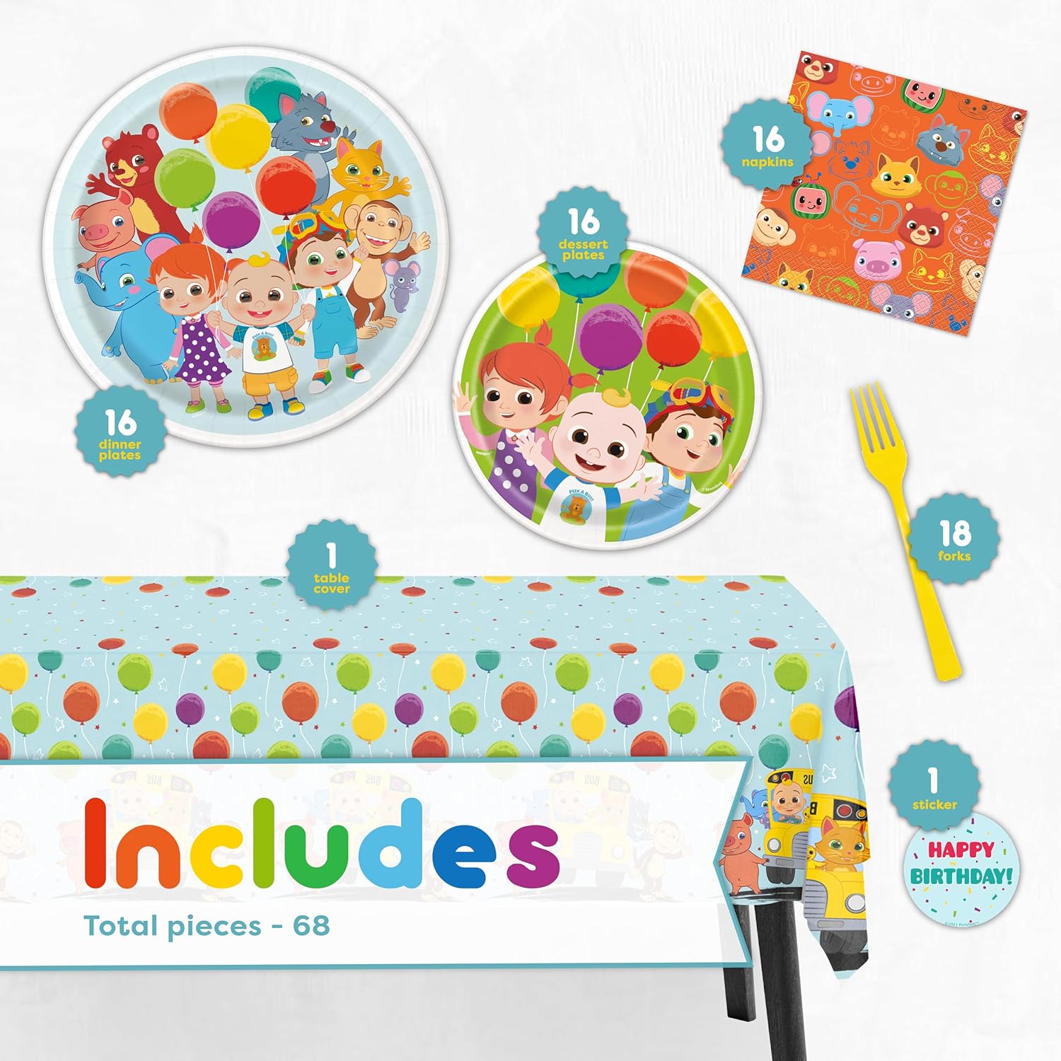 Cocomelon Party Supplies Set for 16 Guests with Table Cover, Plates, Napkins V903