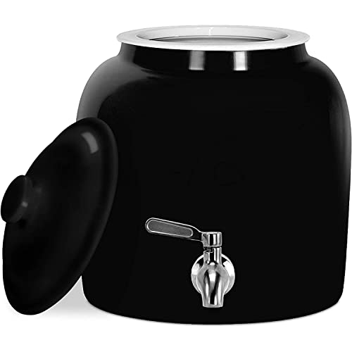 Porcelain Crock Food Grade Ceramic Water Iced Beverage Dispenser with Stainless Steel Spigot Faucet for 3 to 5 Gallon Water Bottles Jugs (Black)