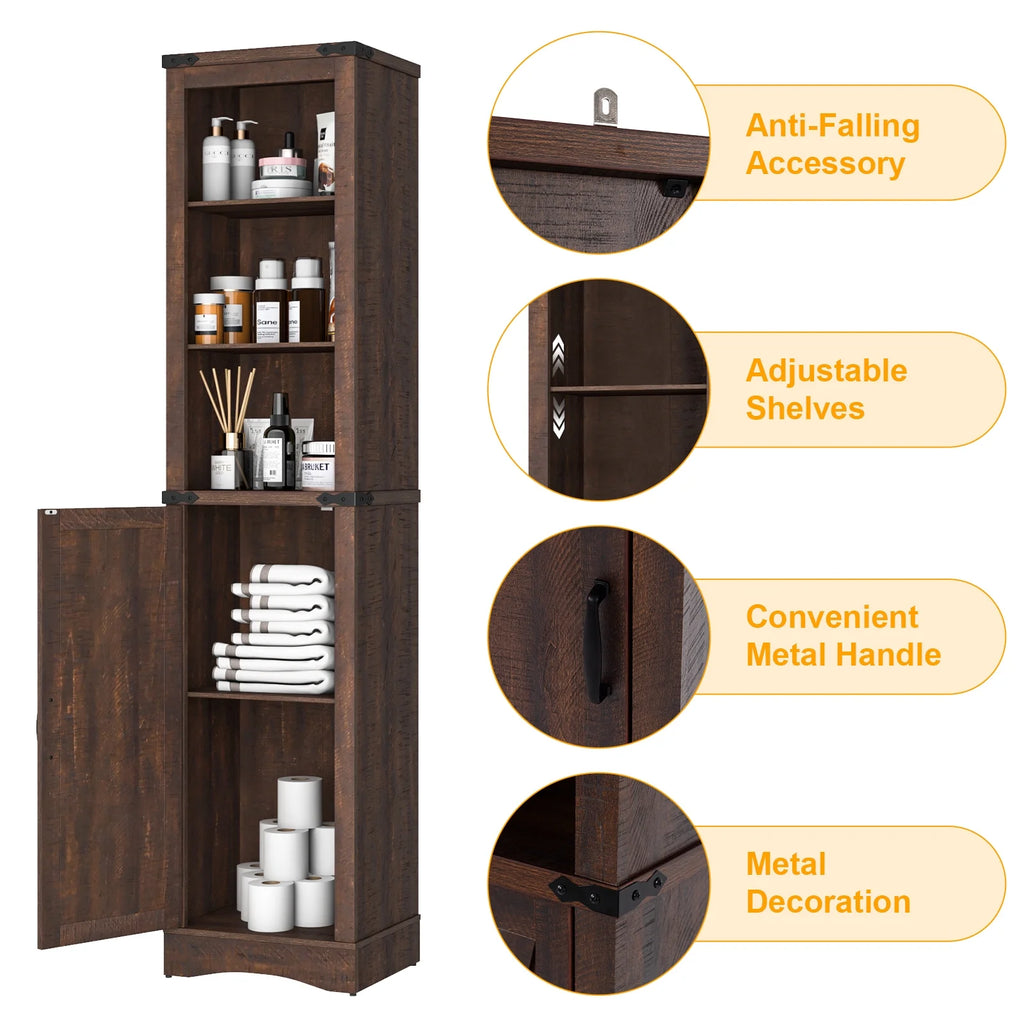ChVans Farmhouse Storage Cabinet, 5-Shelf Tall Bathroom Organizer with Barn Door, Brown W446800