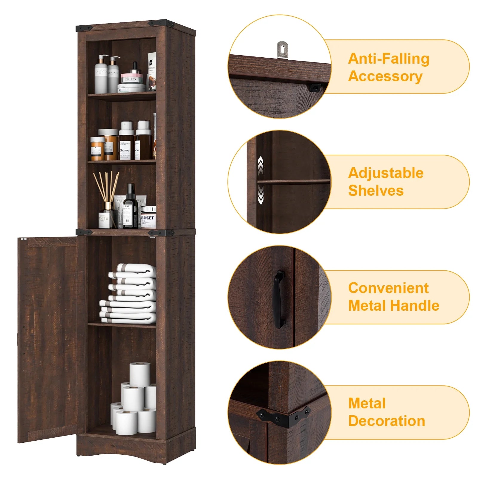 ChVans Farmhouse Storage Cabinet, 5-Shelf Tall Bathroom Organizer with Barn Door, Brown W446800