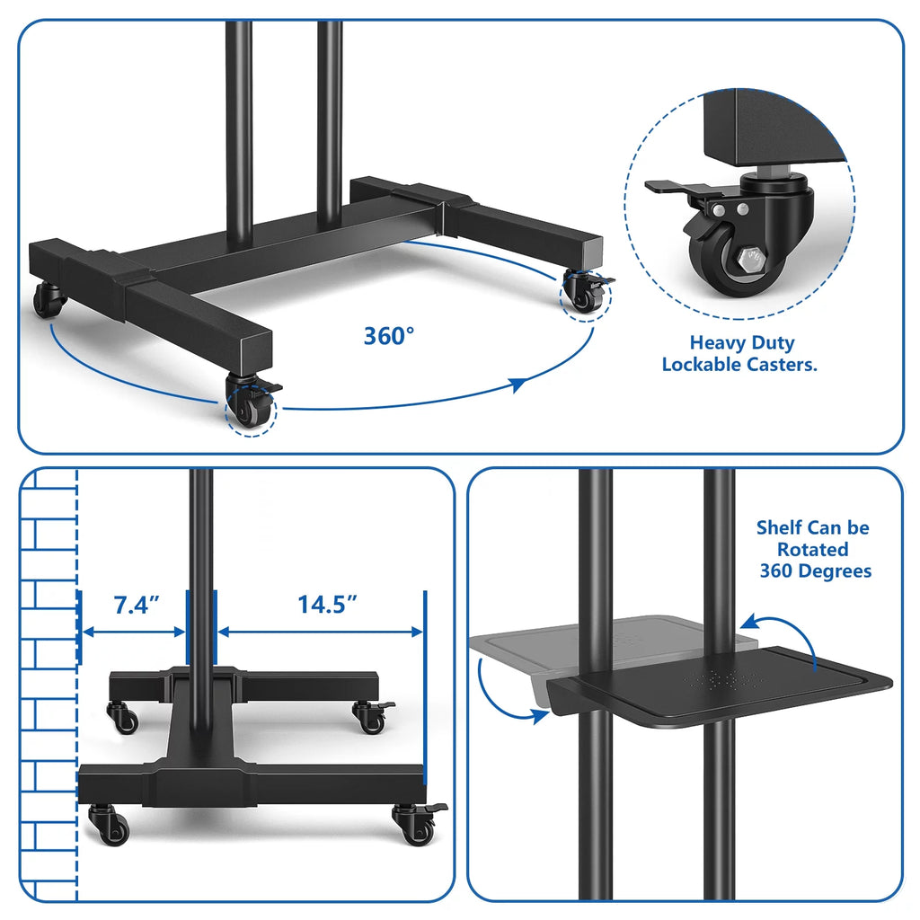 Mobile TV Cart for 75 inch TVs, Heavy Duty Rolling Stand, Black G26844