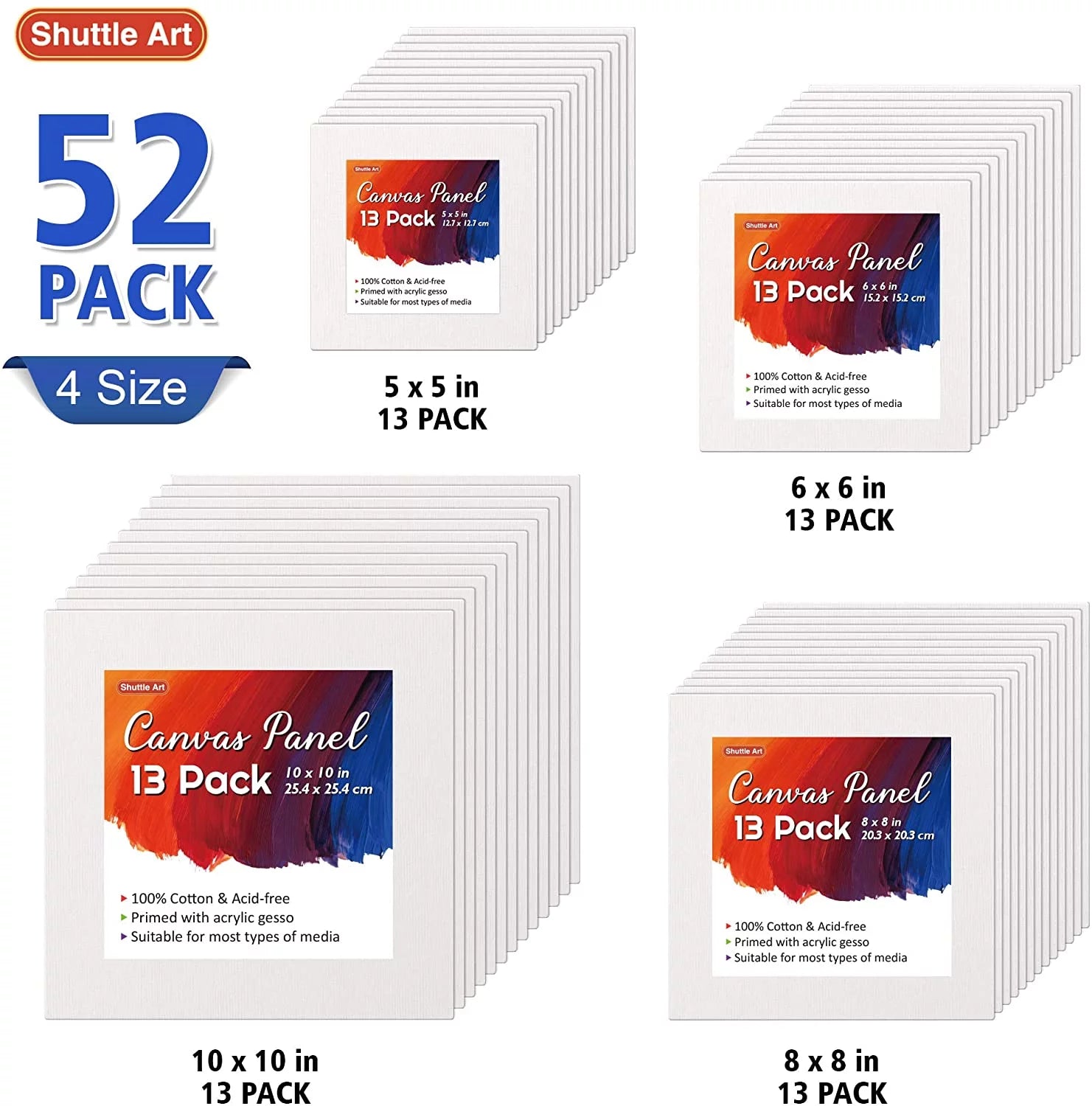 Shuttle Art Painting Canvas Panel, 52 Pack, 100% Cotton, Primed White U63917
