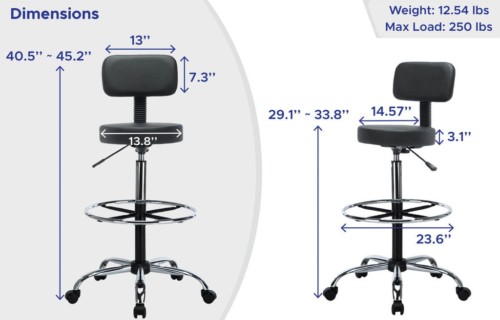 Height Adjustable Drafting Stool with Footrest, Faux Leather, Rolling Wheels by Naomi Home T38183