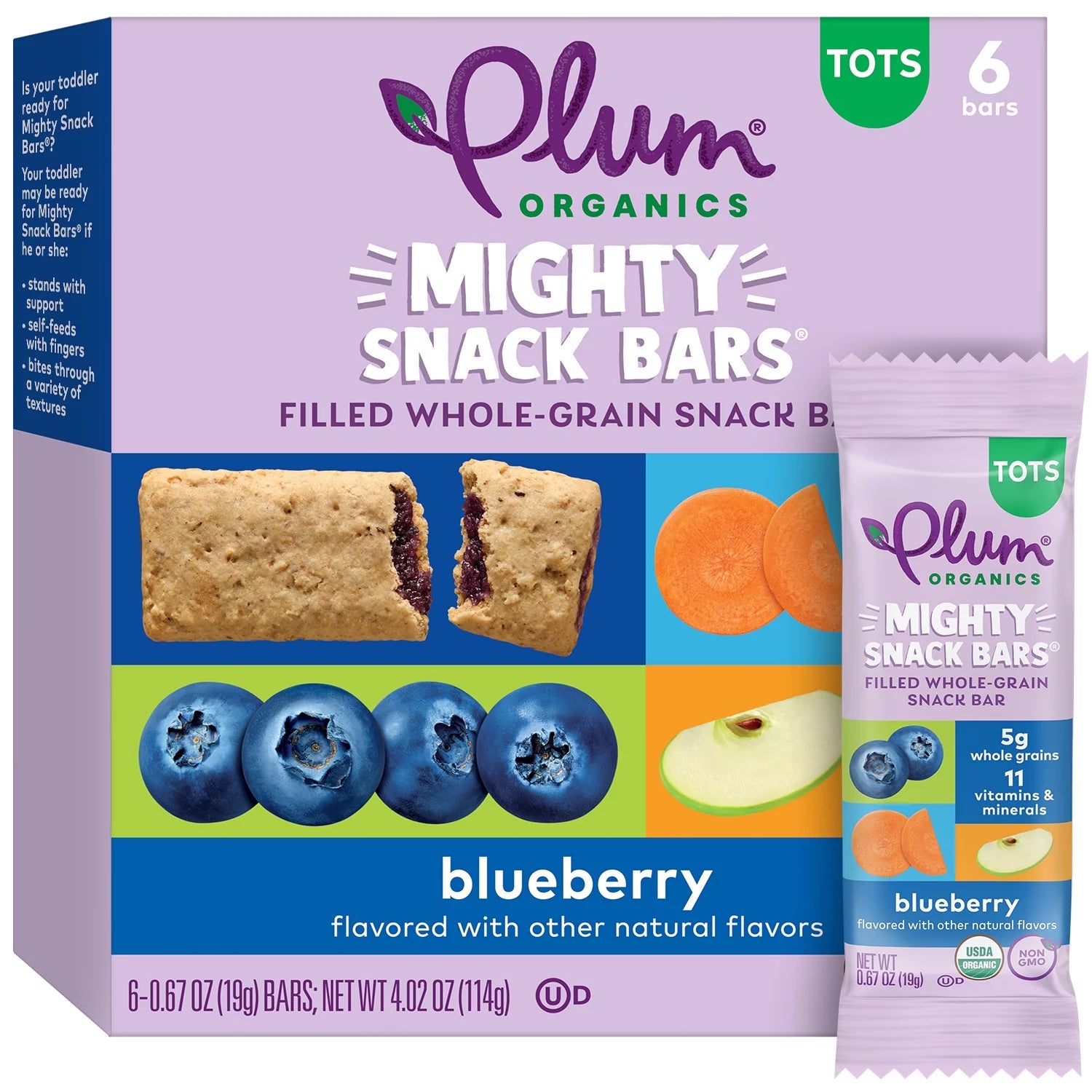 Plum Organics Mighty Snack Bars, Blueberry, 0.67 oz, 6 Count, 8 Pack B44597