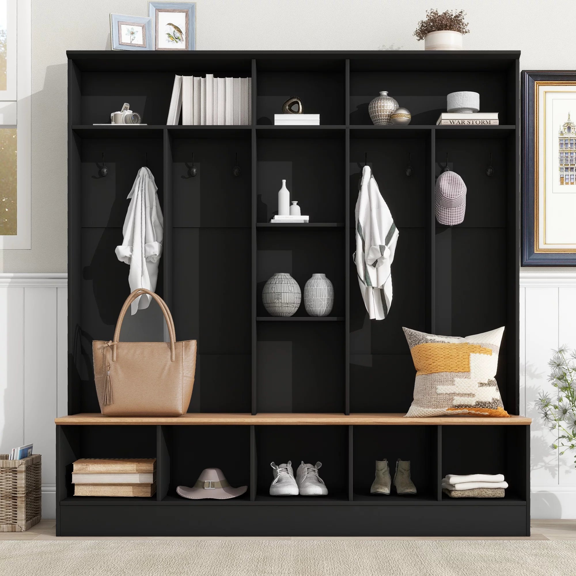 CoSoTower Wide Hall Tree with Storage Bench and 8 Hooks, Black D645414