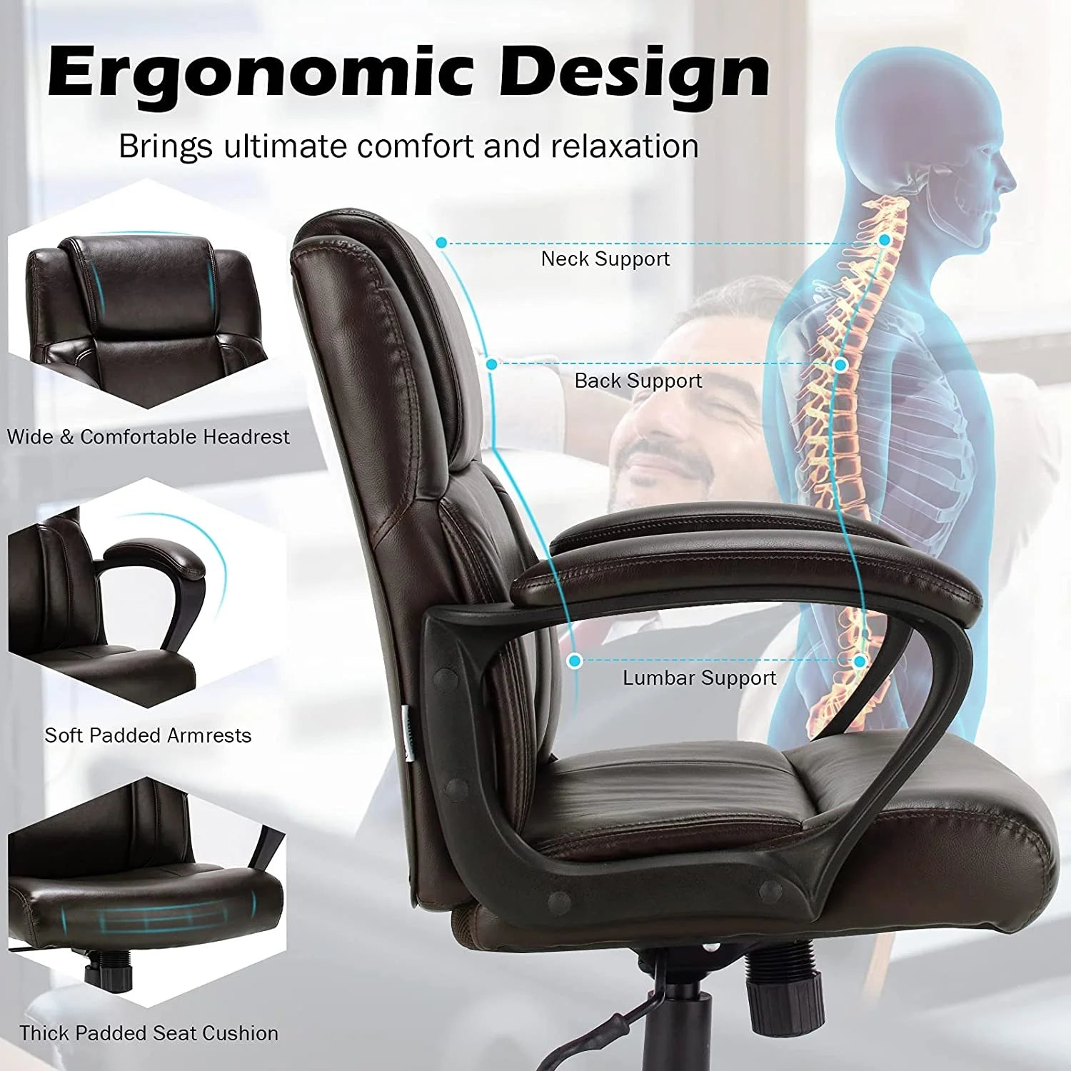 HJZBNONE Office Chair Leather Ergonomic Mid Back Computer Desk Chair Dark Brown N406