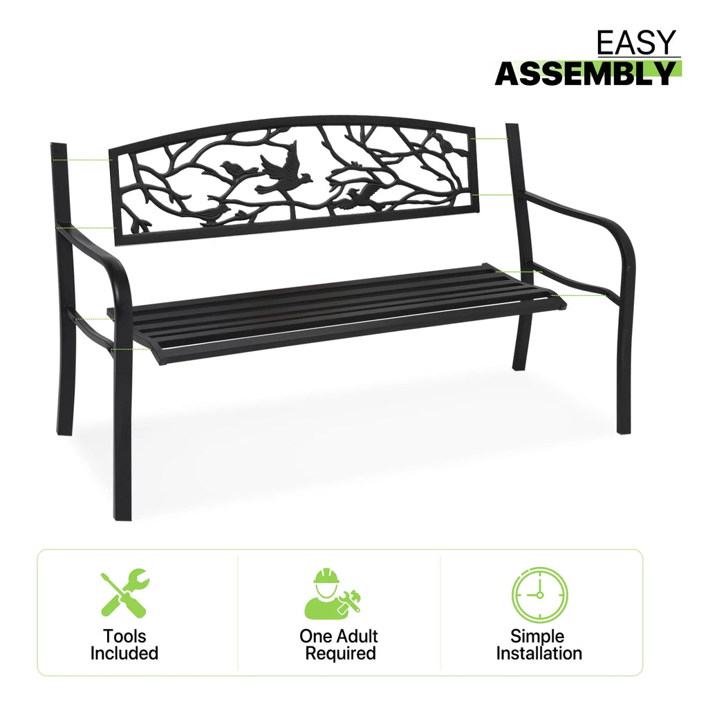Magshion 50" Outdoor Cast Iron Patio Bench with Bird Design Backrest S46453