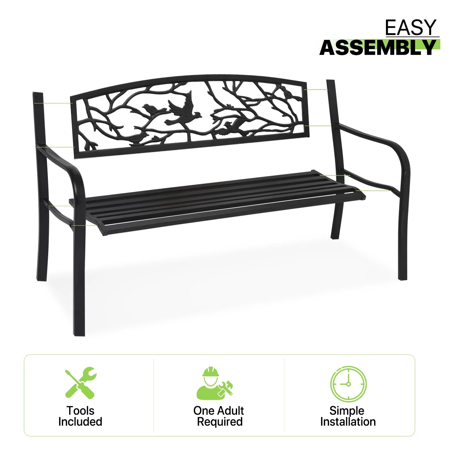 Magshion 50" Outdoor Cast Iron Patio Bench with Bird Design Backrest S46453