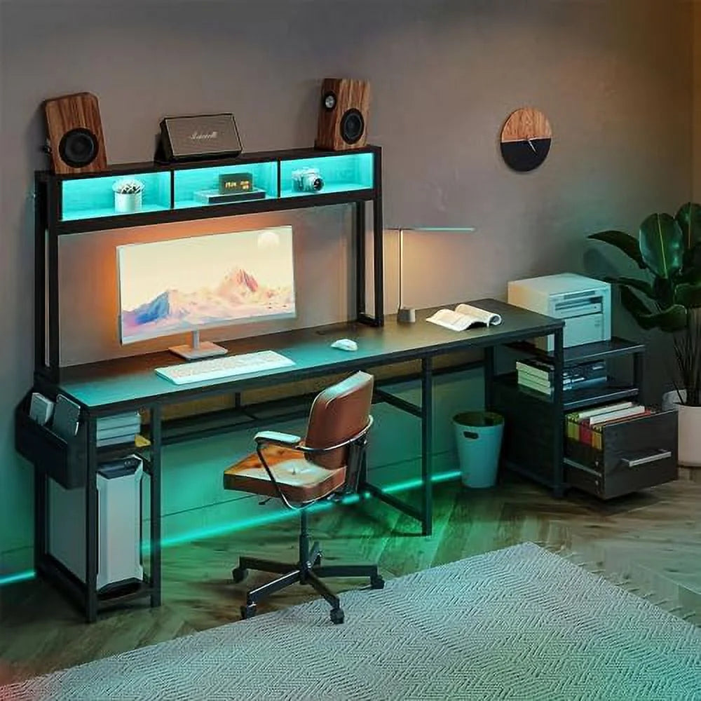 RUNFAYBIU Computer Desk with Monitor Stand and File Cabinet, 104" L-Shaped Gaming Desk with RGB LED Lights Z191630