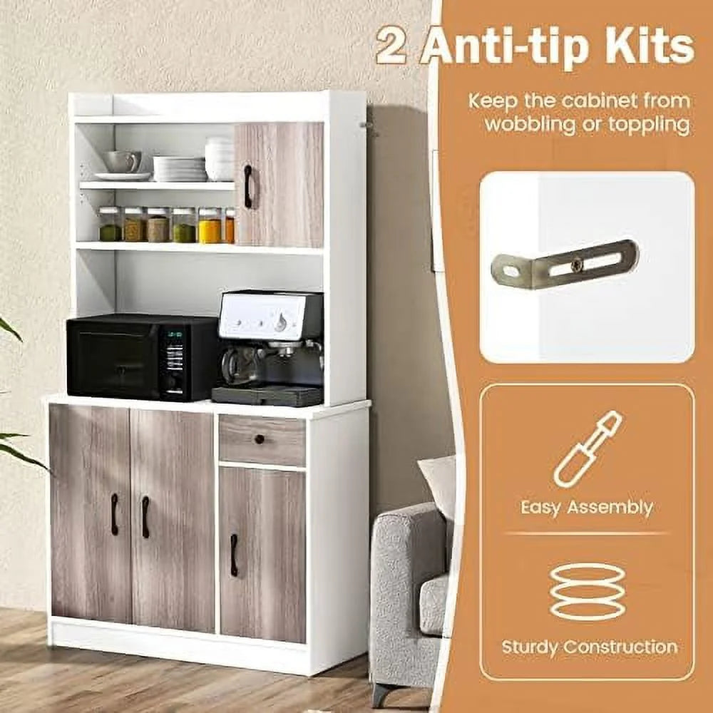 CCBIUOMBO Kitchen Pantry Cabinet 71'' Freestanding Microwave Cupboard with 3 Cabinets & Drawer, White T87043