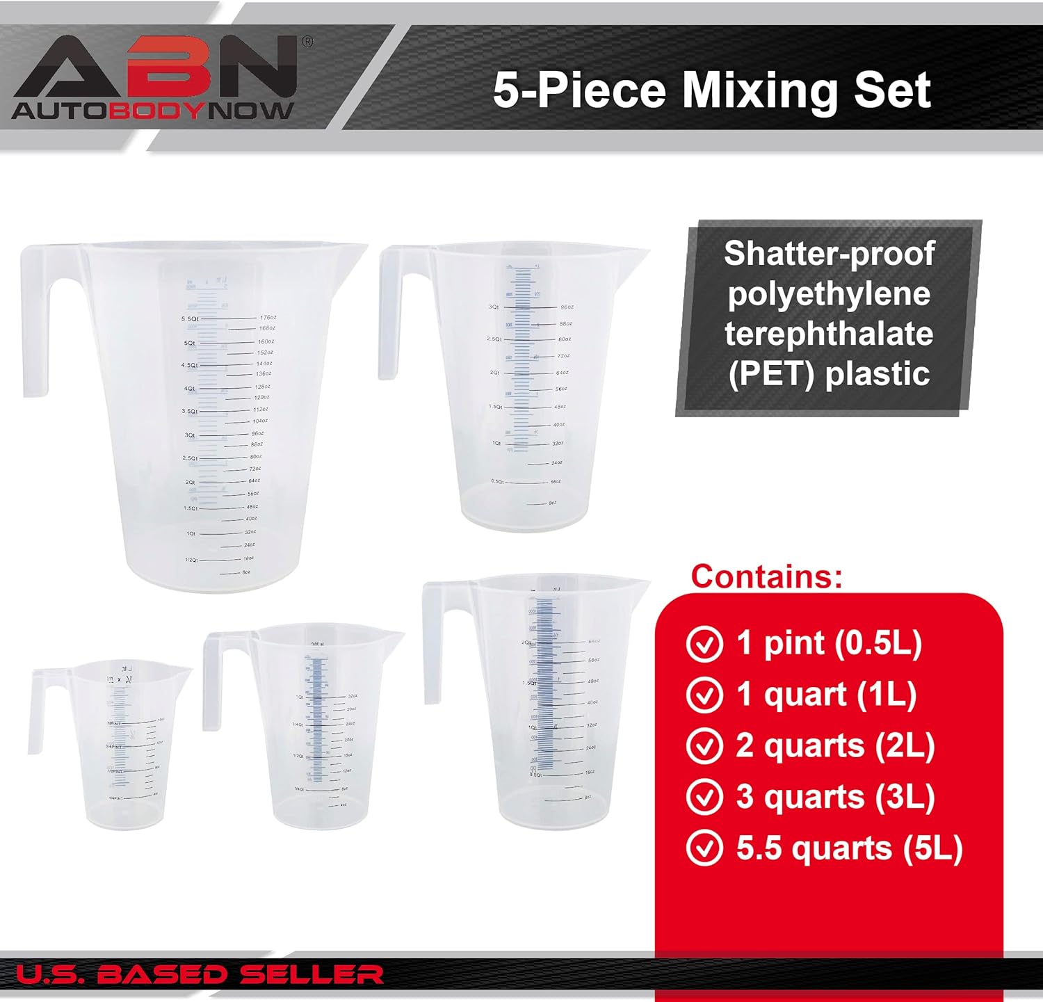 ABN 5 Piece Graduated Paint Mixing Pitchers, Quart and Gallon Sizes D2342
