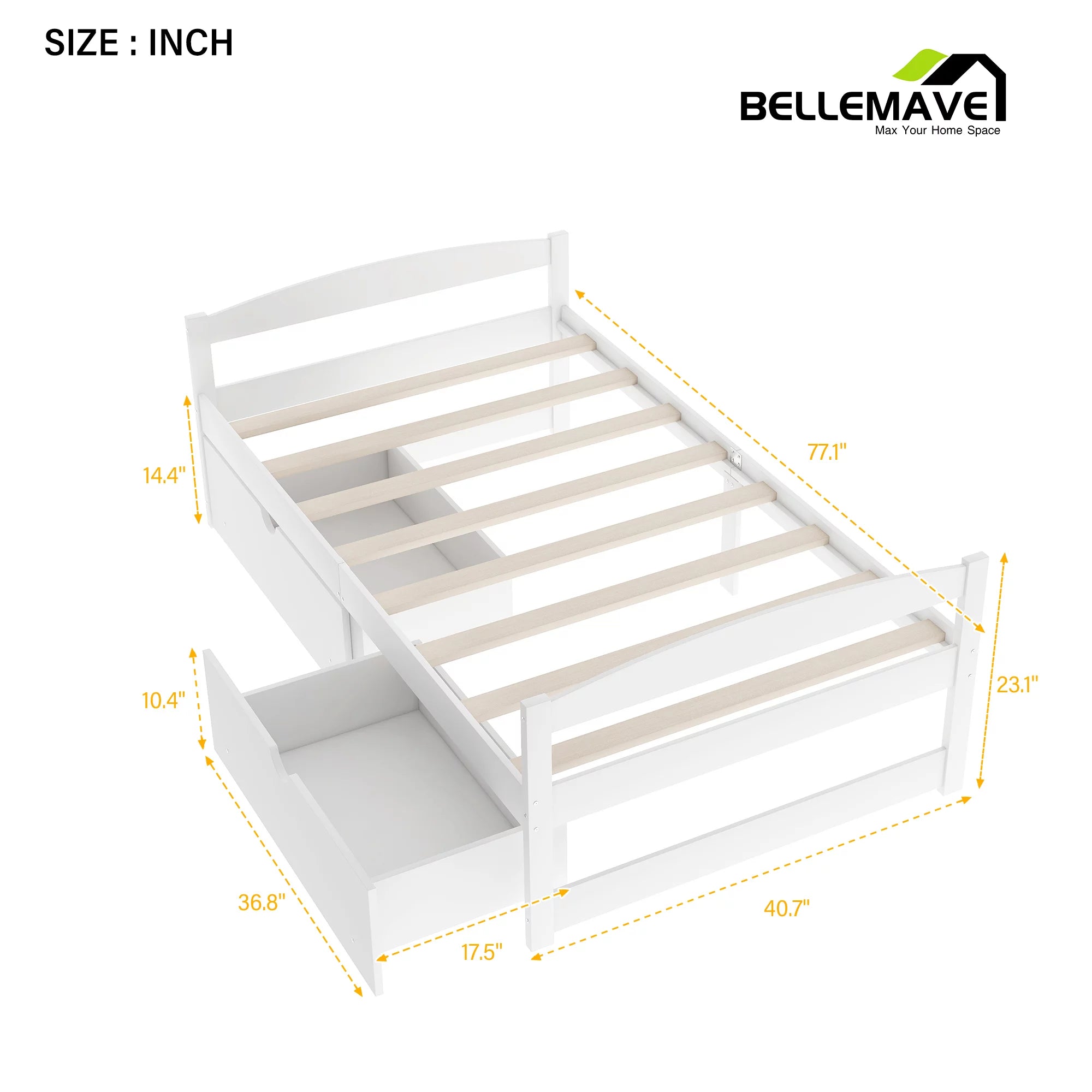 Bellemave White Twin Size Platform Bed with 2 Drawers S164920