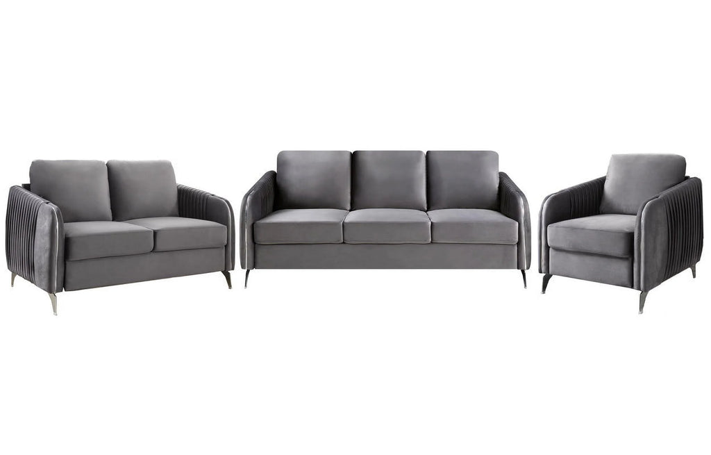 Gray Velvet Living Room Set with Vertical Channel-Quilted Design X1801