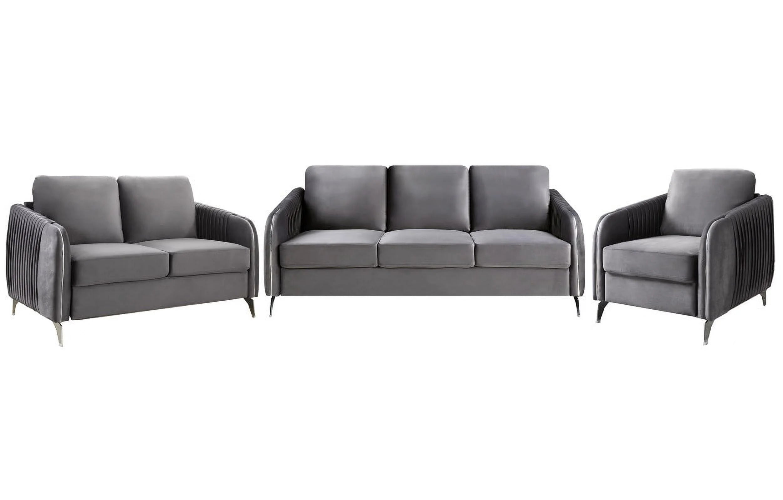 Gray Velvet Living Room Set with Vertical Channel-Quilted Design X1801