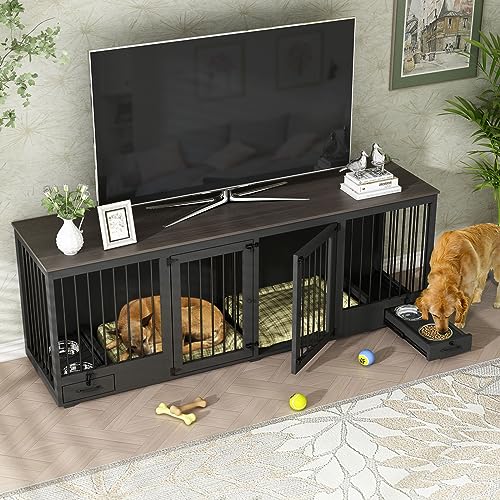 Large Wooden Dog Crate for 2 Dogs with Bowl Drawers, Black Z4354