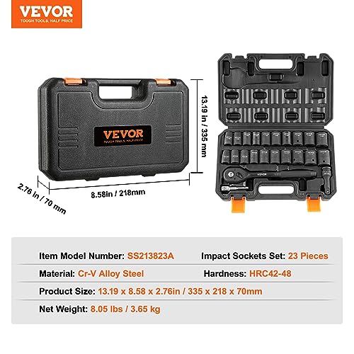 VEVOR 1/2" Drive Impact Socket Set, 23 Piece SAE & Metric B482619