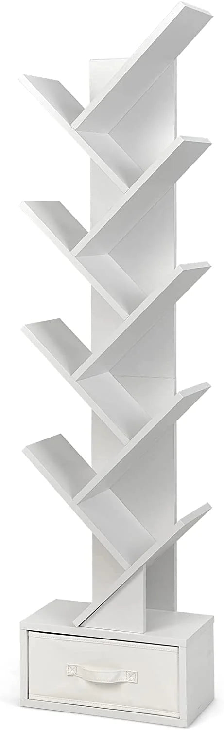 White Wooden Tree Bookshelf with Drawer, 10 Shelves J7898